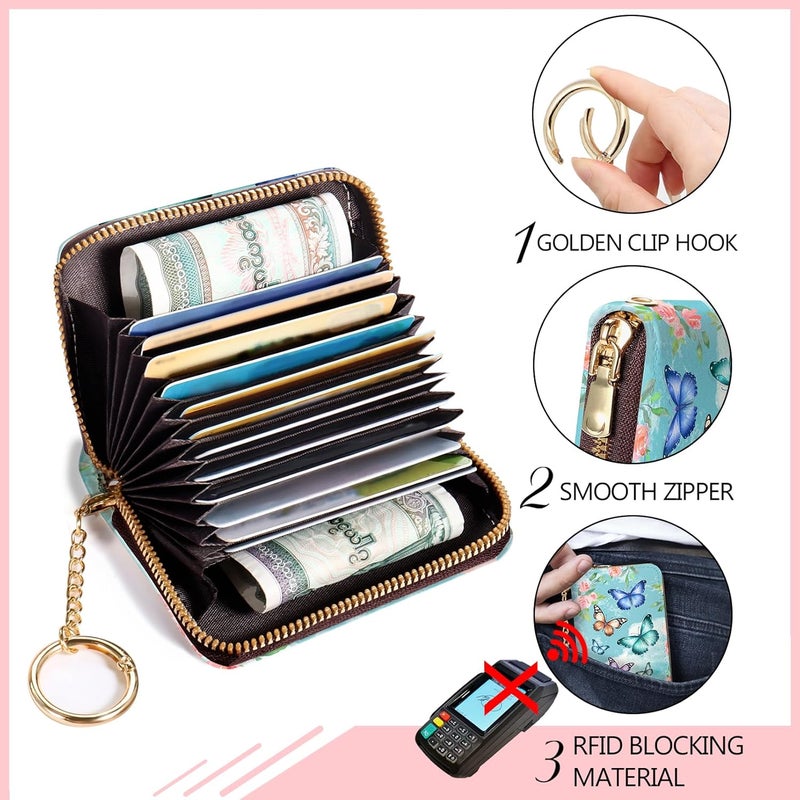 Blusabaca RFID Credit Card Holder Wallets for Women, Small Card Case Wallet with Keychain and Zipper, Butterfly Leather Card Holder Pocket Business Card Accordion Wallet - Image 5